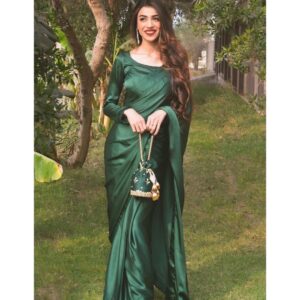 Green Satin Silk Saree for Women and Girls
