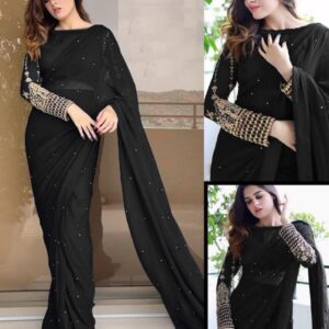 Black Sleeves Embroidery Blouse With Petticoat And Pearls Attached Saree