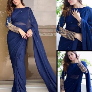 Navy Blue Sleeves Embroidery Blouse With Petticoat And Pearls Attached Saree