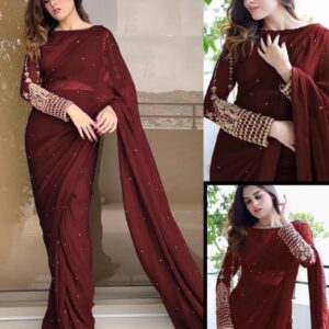 Maroon Sleeves Embroidery Blouse With Petticoat And Pearls Attached Saree