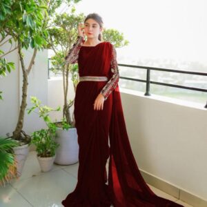 Sleeves Handwork Embroidery Saree With Belt for girls