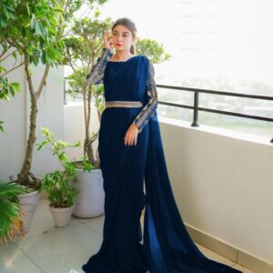 Sleeves Handwork Embroidery Blouse With Petticoat And Saree With Belt