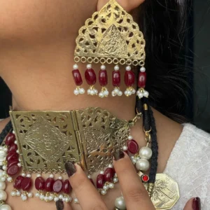 Pearls and Beads Choker Necklace With Earrings, Tribal Golden Vintage Jewelry Set
